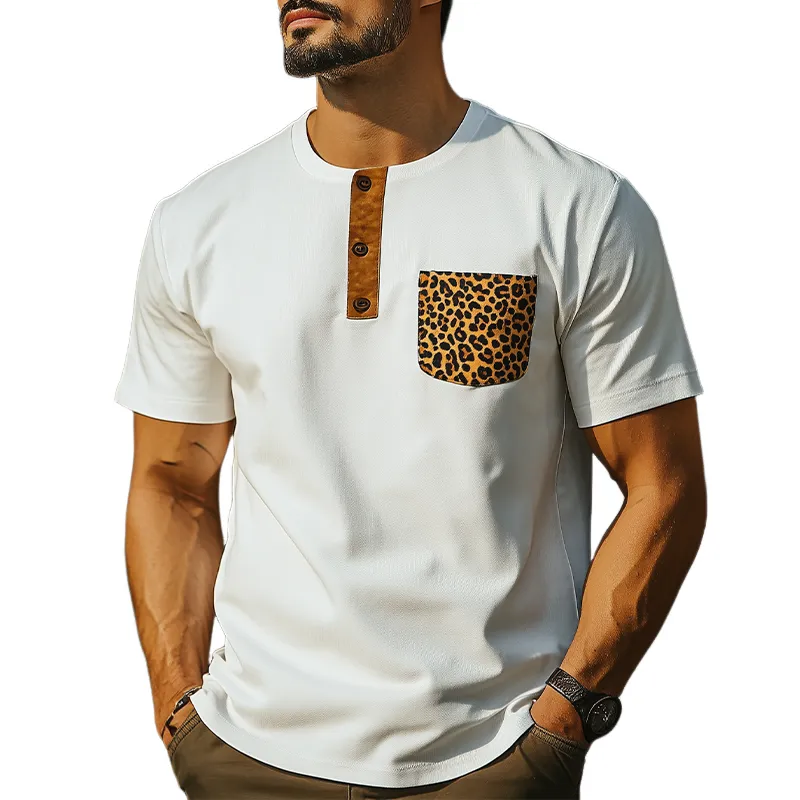 Men's Spring And Summer Fashion Retro Western Cowboy Style Slim Fit Henley Collar Pocket Leopard Print Cotton Blend Short Sleeve T-Shirt MTA0881E0K sold by Manly