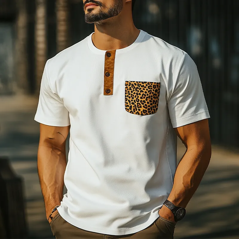 Men's Spring And Summer Fashion Retro Western Cowboy Style Slim Fit Henley Collar Pocket Leopard Print Cotton Blend Short Sleeve T-Shirt MTA0881E0K sold by Manly product image thumbnail 2