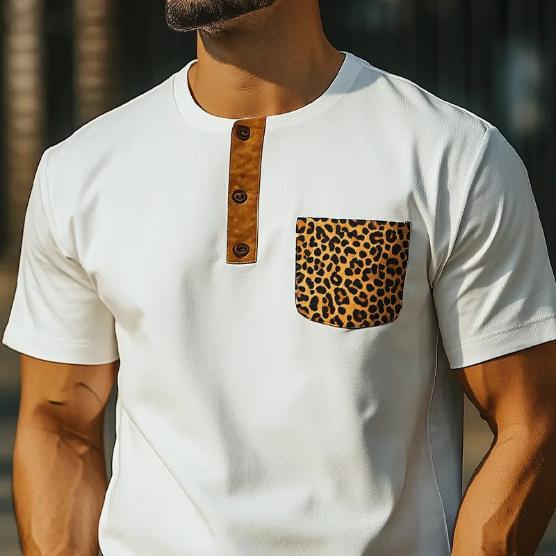 Men's Spring And Summer Fashion Retro Western Cowboy Style Slim Fit Henley Collar Pocket Leopard Print Cotton Blend Short Sleeve T-Shirt MTA0881E0K sold by Manly product image thumbnail 4