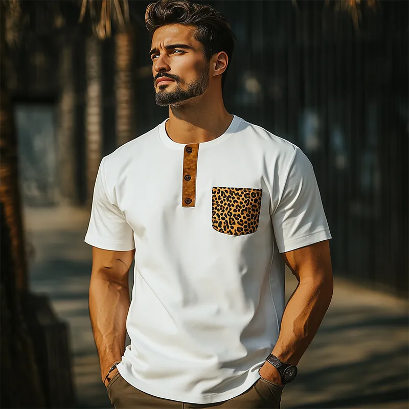 Men's Spring And Summer Fashion Retro Western Cowboy Style Slim Fit Henley Collar Pocket Leopard Print Cotton Blend Short Sleeve T-Shirt MTA0881E0K sold by Manly product image thumbnail 3