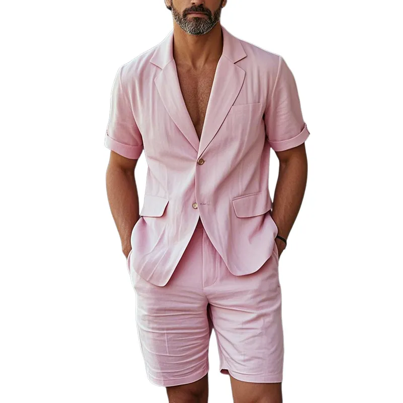 Men'S Fashion Cotton And Linen Notch Lapel Short Sleeve Two Buttons Blazer Shorts Set MTA0880E3Z sold by Manly