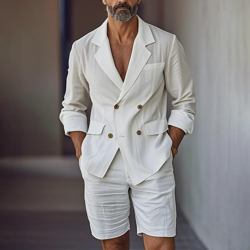Men's Fashion Cotton And Linen Notch Lapel Long Sleeve Double Breasted Blazer Shorts Set MTA0829E0Z sold by Manly product image thumbnail 2