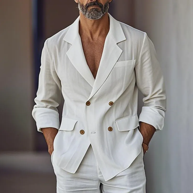 Men's Fashion Cotton And Linen Notch Lapel Long Sleeve Double Breasted Blazer Shorts Set MTA0829E0Z sold by Manly product image thumbnail 3