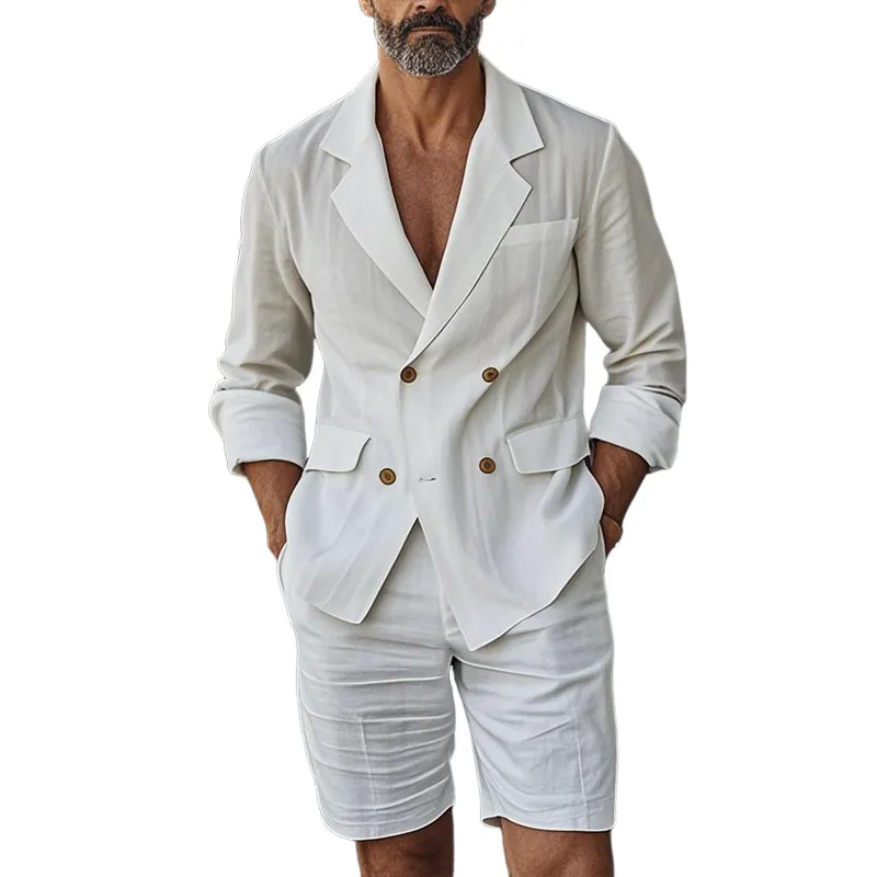 Men's Fashion Cotton And Linen Notch Lapel Long Sleeve Double Breasted Blazer Shorts Set MTA0829E0Z sold by Manly