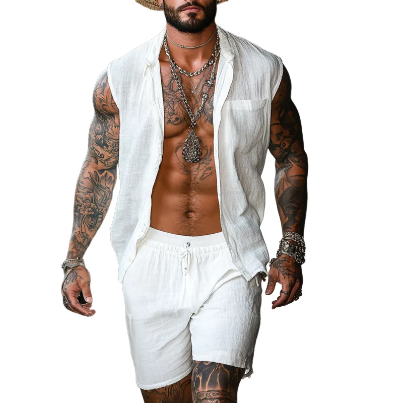 Men'S Fashion Cotton And Linen Stand Collar Sleeveless Shirt Elastic Waist Shorts Set MTA0834E1Z sold by Manly