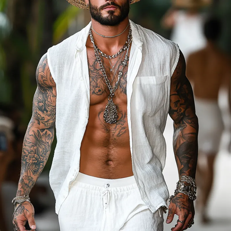 Men'S Fashion Cotton And Linen Stand Collar Sleeveless Shirt Elastic Waist Shorts Set MTA0834E1Z sold by Manly product image thumbnail 3