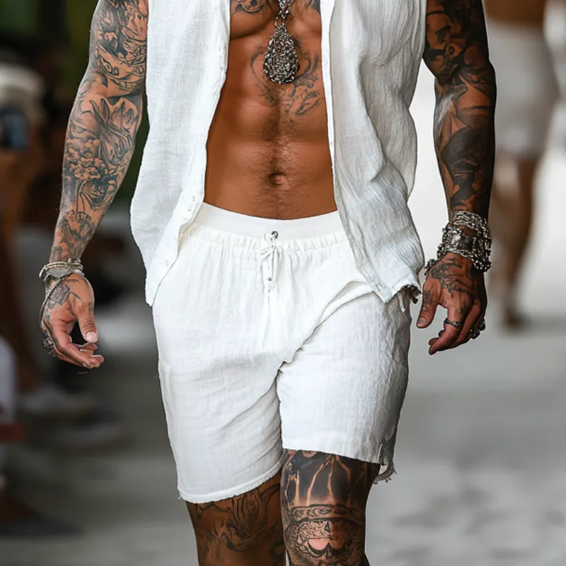 Men'S Fashion Cotton And Linen Stand Collar Sleeveless Shirt Elastic Waist Shorts Set MTA0834E1Z sold by Manly product image thumbnail 4