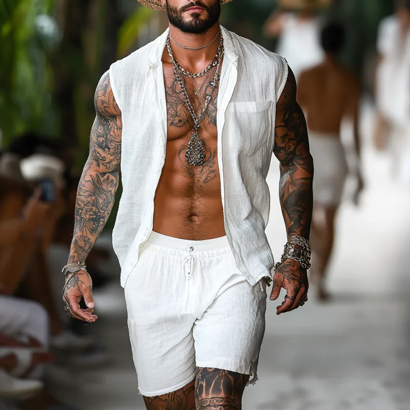 Men'S Fashion Cotton And Linen Stand Collar Sleeveless Shirt Elastic Waist Shorts Set MTA0834E1Z sold by Manly product image thumbnail 2