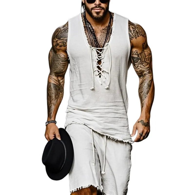 Men'S Fashion Cotton And Linen Lace-Up V Neck Sleeveless Tank Top Elastic Waist Shorts Set MTA0889E5Z sold by Manly