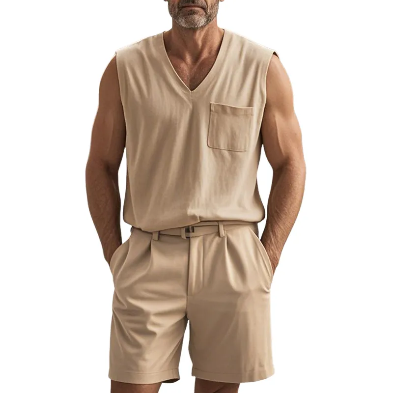 Men'S Cozy Cotton V Neck Chest Pocket Sleeveless Tank Top Shorts Casual Set MTA0876E1Z sold by Manly