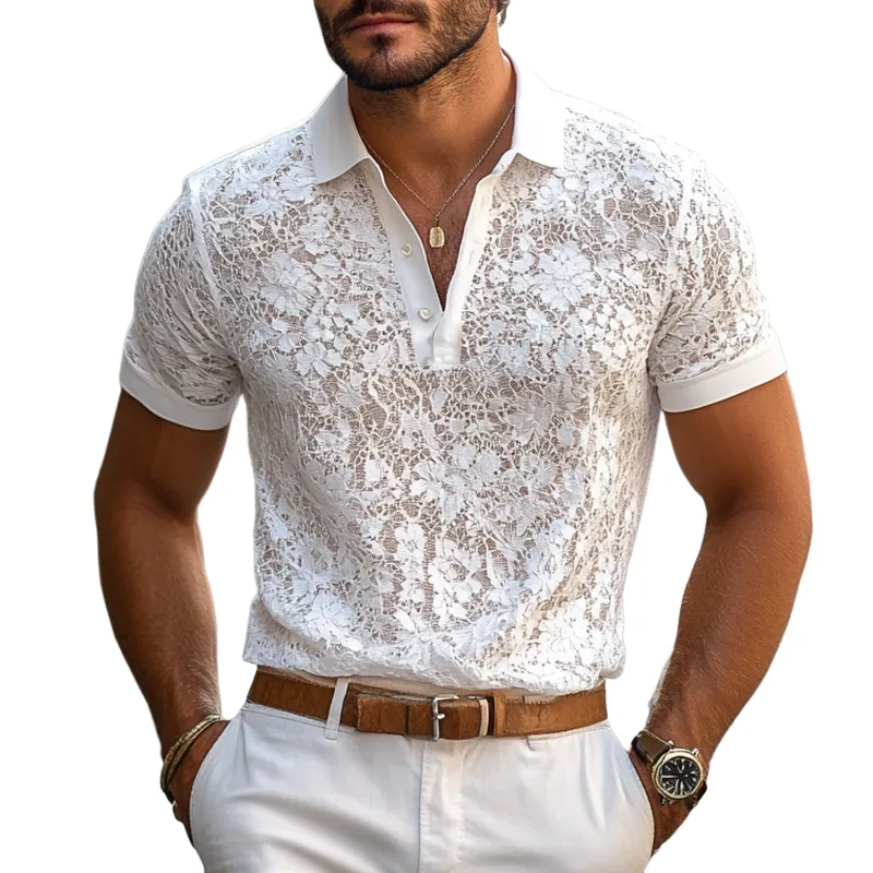 【24-hour shipping out】Men's Solid Lace Lapel Short Sleeve Casual Polo Shirt MTA0885E3Z sold by Manly