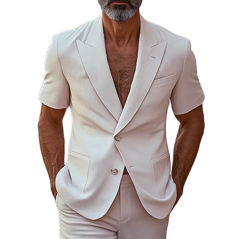 Men's Solid Pinstripe Peak Lapel Short Sleeve Two Buttons Blazer MTA0889E4Z sold by Manly