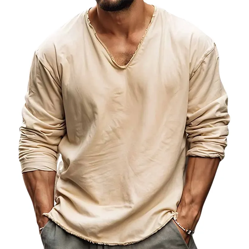 Men's Solid V Neck Long Sleeve Rolled-Up Loose Casual T-Shirt MTA0860E4Z sold by Manly