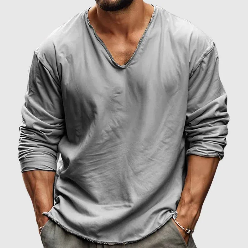 Men's Solid V Neck Long Sleeve Rolled-Up Loose Casual T-Shirt MTA0860E4Z sold by Manly product image thumbnail 3