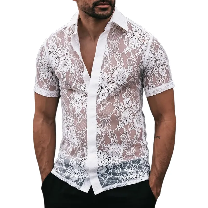 Men'S Solid Lace Lapel Short Sleeve Single Breasted Casual Shirt MTA0812E1Z sold by Manly