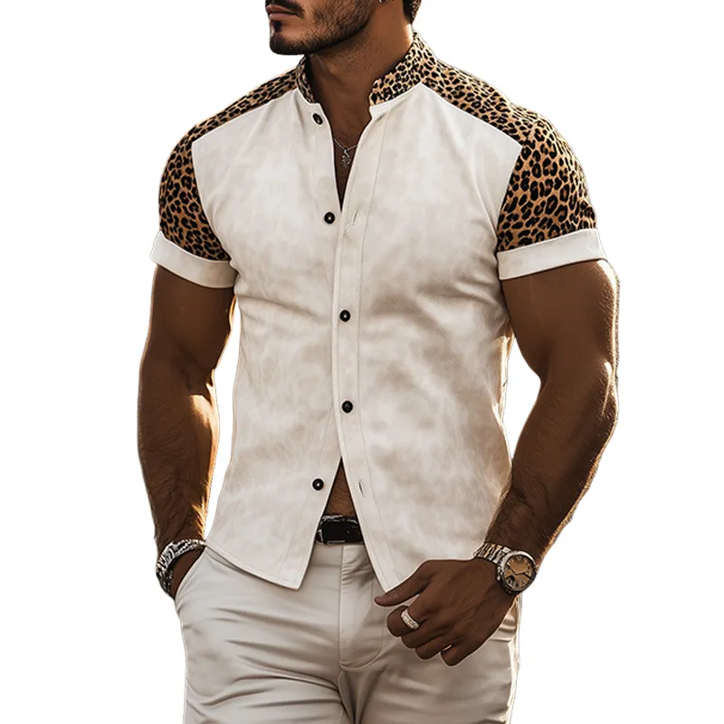 Men's Classic Retro Fashionable Western Cowboy Style Slim Fit Suede Stitching Leopard Print Short-Sleeved Shirt MTA0851E9K sold by Manly