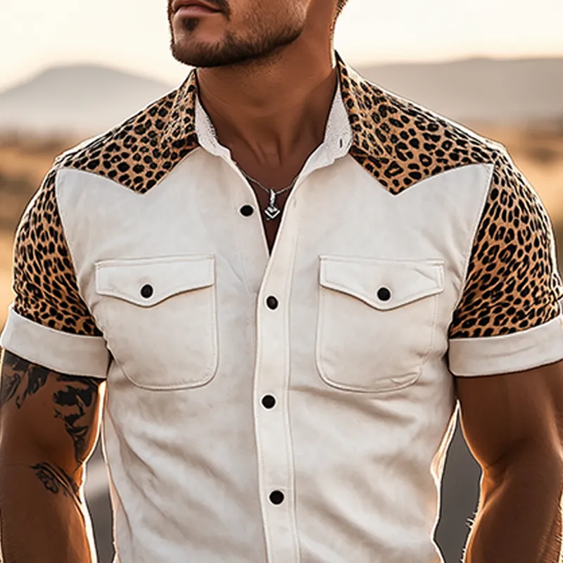Men's Classic Retro Fashionable Western Cowboy Style Suede Stitching Leopard Print Short-Sleeved Shirt MTA0859E8K sold by Manly product image thumbnail 4