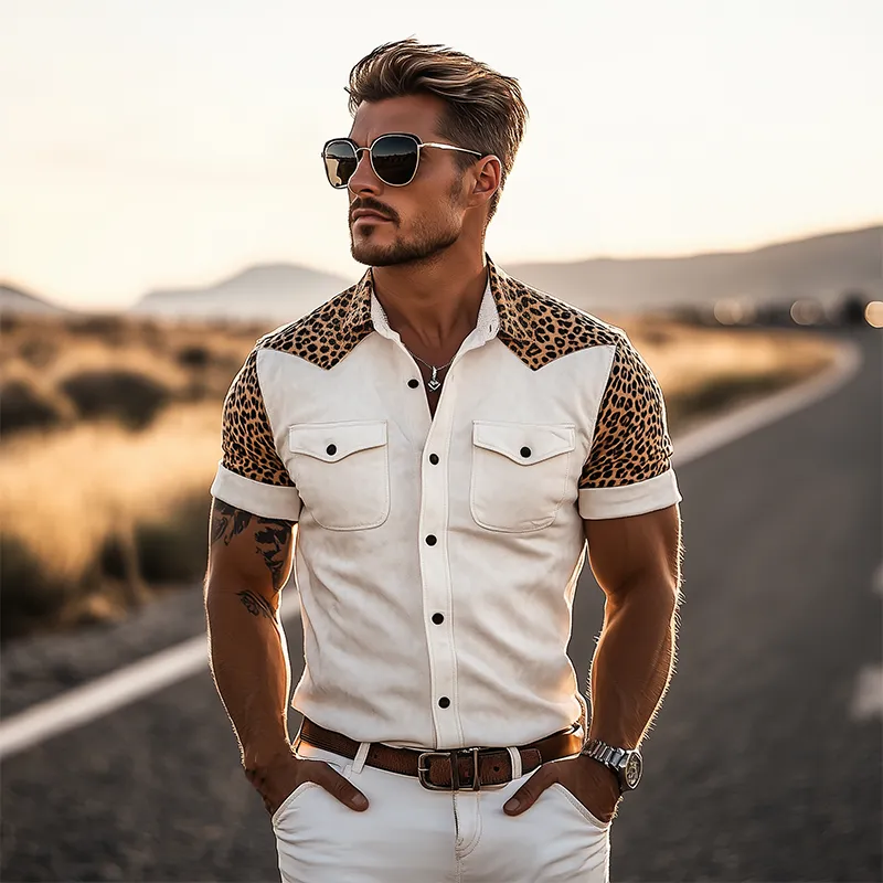 Men's Classic Retro Fashionable Western Cowboy Style Suede Stitching Leopard Print Short-Sleeved Shirt MTA0859E8K sold by Manly product image thumbnail 3