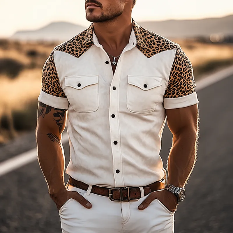 Men's Classic Retro Fashionable Western Cowboy Style Suede Stitching Leopard Print Short-Sleeved Shirt MTA0859E8K sold by Manly product image thumbnail 2