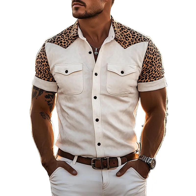 Men's Classic Retro Fashionable Western Cowboy Style Suede Stitching Leopard Print Short-Sleeved Shirt MTA0859E8K sold by Manly