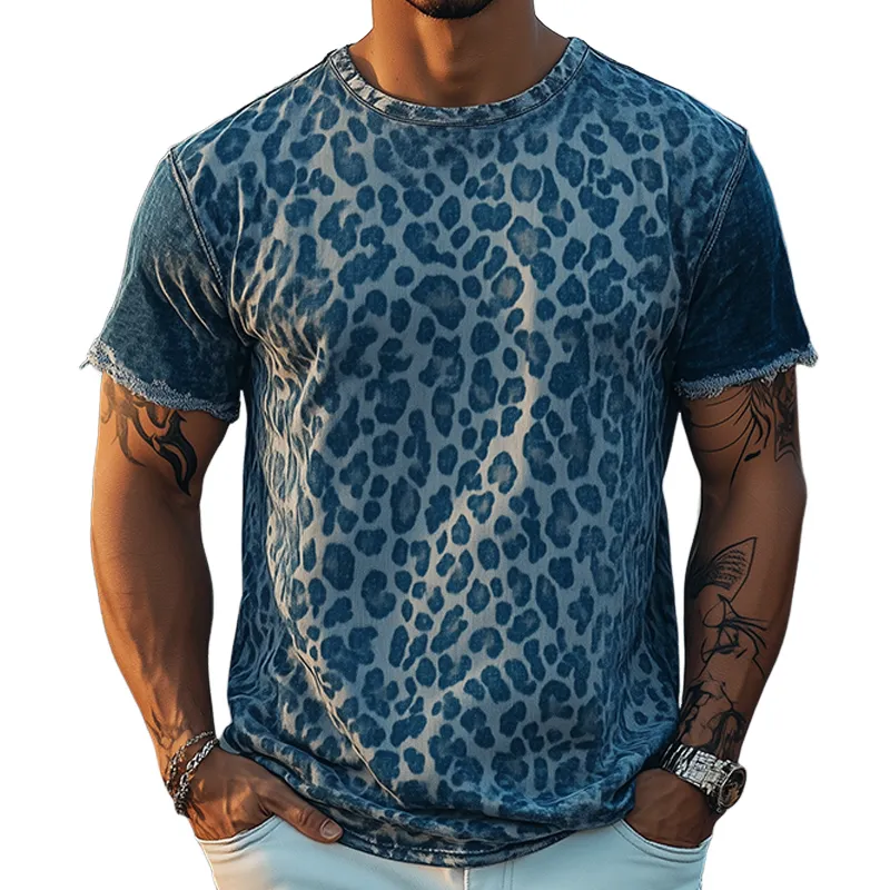 Men's Classic Retro Western Cowboy Style Denim Jacquard Leopard Print Short T-Shirt MTA0855E4K sold by Manly