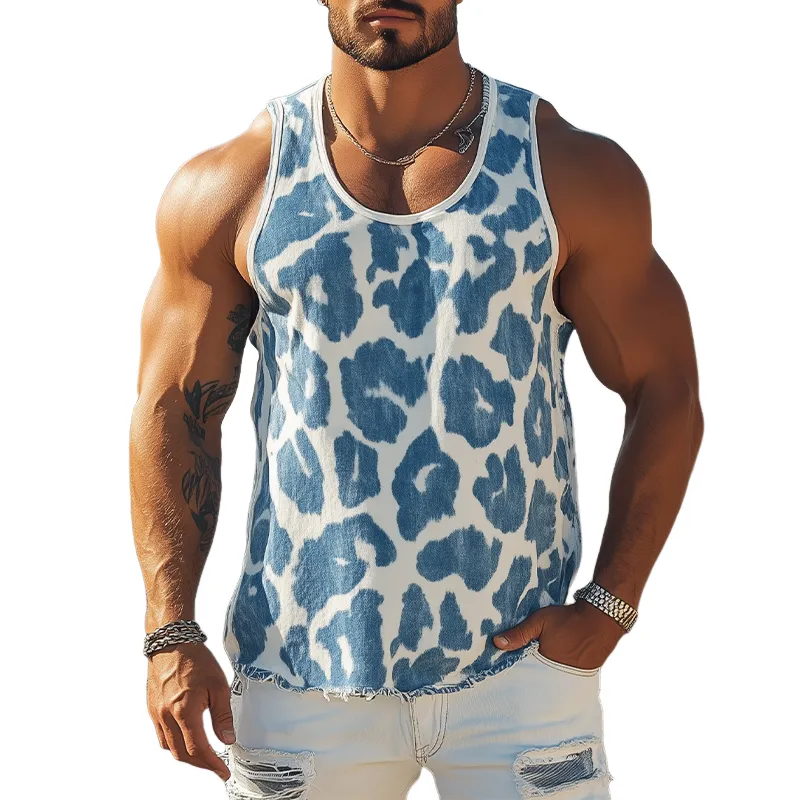 Men's Classic Fashionable Retro Western Cowboy Style Leopard Jacquard Denim U-Neck Tank Top MTA0813E4K sold by Manly