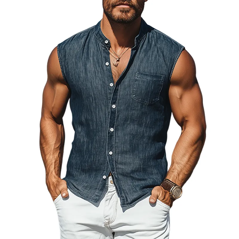 Men's Spring And Summer Fashionable Casual Western Cowboy Style Washed Tencel Denim Pocket Stand Collar Sleeveless Shirt MTA0755E5K sold by Manly
