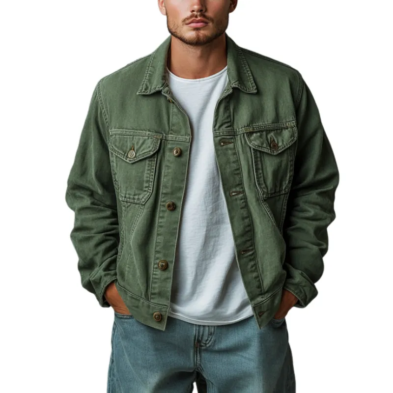 Men's Casual Outdoor Denim Washed Lapel Single-Breasted Loose Jacket MTA0610E2M sold by Manly