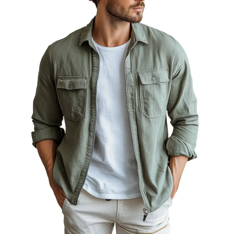 Men's Casual Breathable Linen Blended Lapel Chest Pocket Zipper Placket Long Sleeve Shirt MTA0682E6M sold by Manly