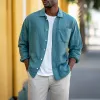 Men's Casual Breathable Botton Linen Blend Lapel Loose Long Sleeve Shirt MTA0624E2M sold by Manly