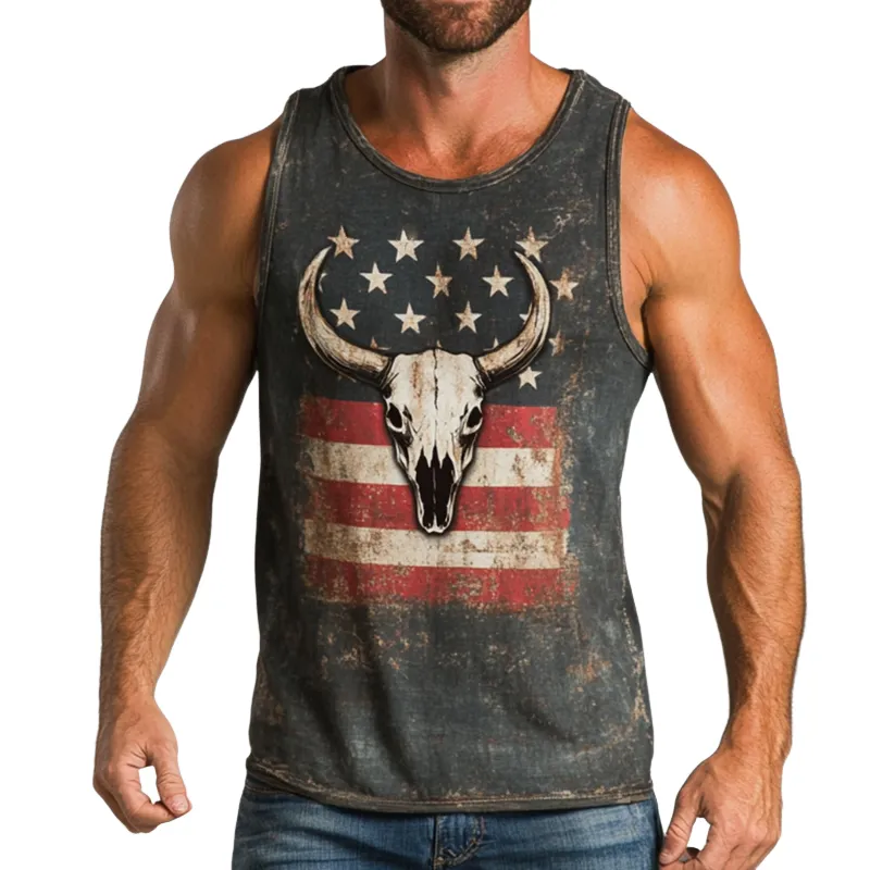 Men's Retro Casual Western Cowboy Style American Flag Printed Crew Neck Tank Top MTA0620E3TO sold by Manly