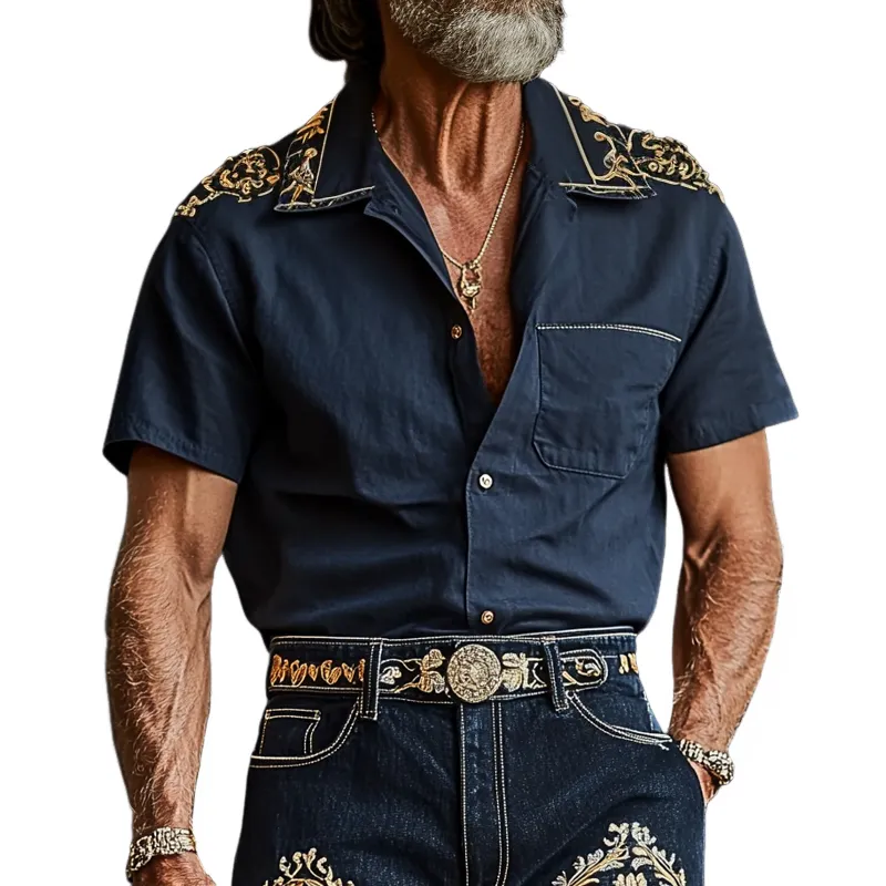 Men'S Fashion Retro Embroidered Lapel Short Sleeve Shirt MTA0940E8Z sold by Manly