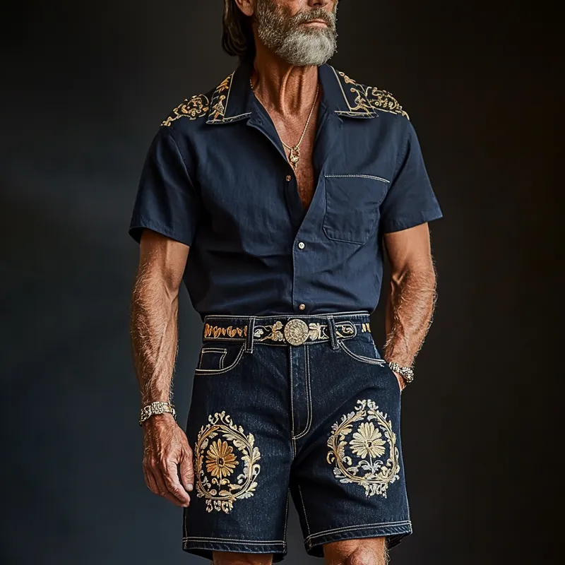 Men'S Fashion Retro Embroidered Lapel Short Sleeve Shirt MTA0940E8Z sold by Manly product image thumbnail 3