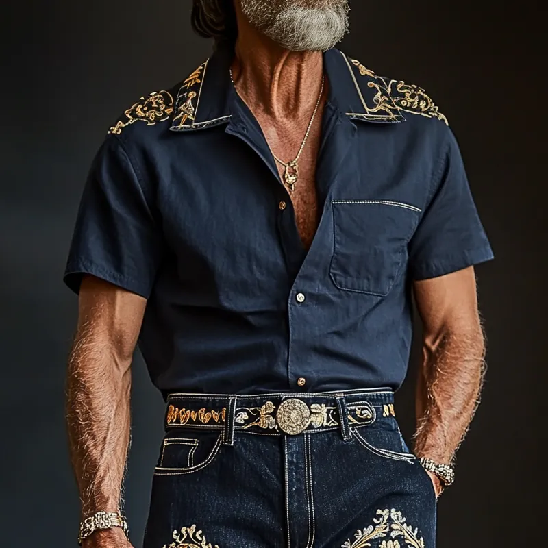 Men'S Fashion Retro Embroidered Lapel Short Sleeve Shirt MTA0940E8Z sold by Manly product image thumbnail 2