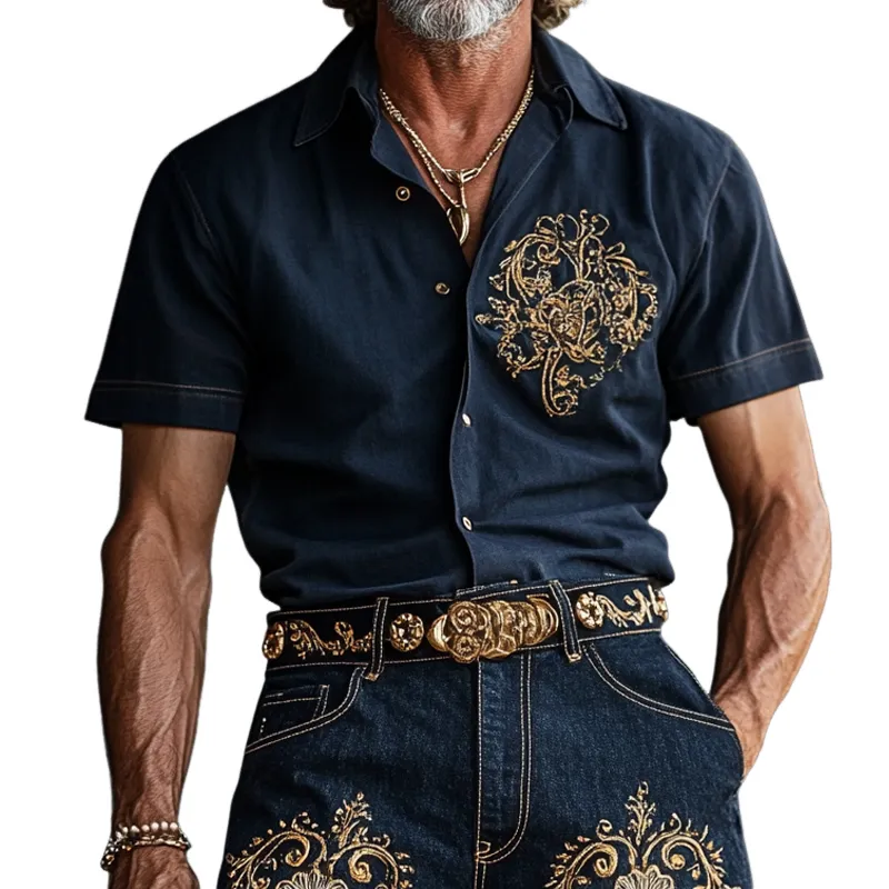 Men'S Fashion Retro Embroidered Lapel Short Sleeve Shirt MTA0951E8Z sold by Manly