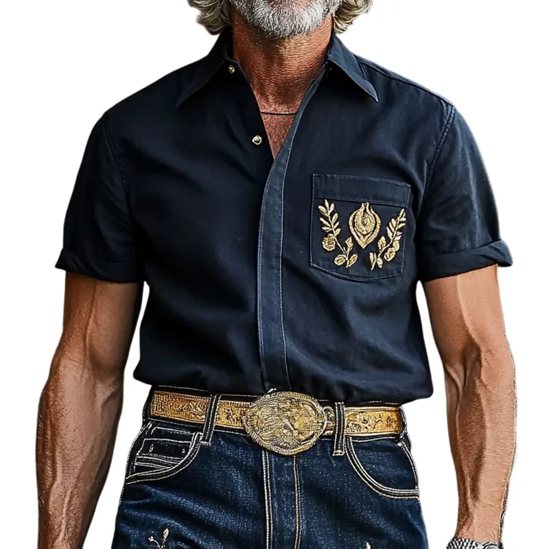 Men'S Fashion Retro Embroidered Lapel Short Sleeve Shirt MTA0916E9Z sold by Manly