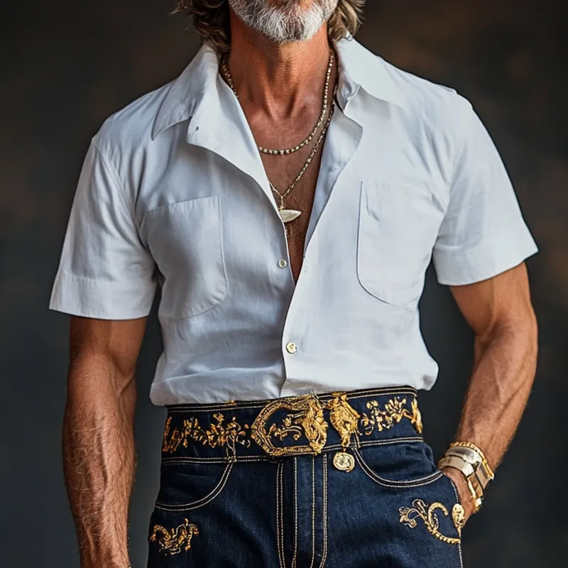 Men'S Fashion Solid Lapel Chest Pocket Short Sleeve Shirt MTA0984E2Z sold by Manly product image thumbnail 2