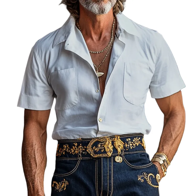 Men'S Fashion Solid Lapel Chest Pocket Short Sleeve Shirt MTA0984E2Z sold by Manly