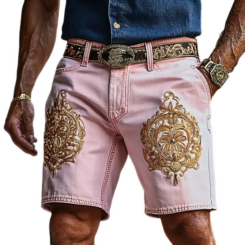 Men'S Fashion Retro Embroidered Straight Denim Shorts MTA0916E6Z sold by Manly