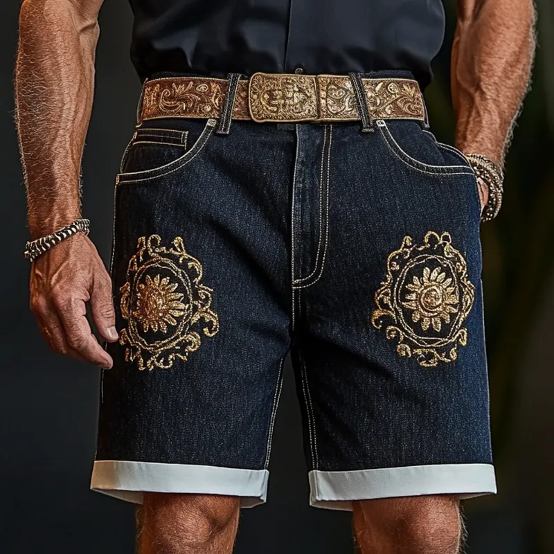 Men'S Fashion Retro Embroidered Straight Denim Shorts MTA0998E2Z sold by Manly product image thumbnail 2