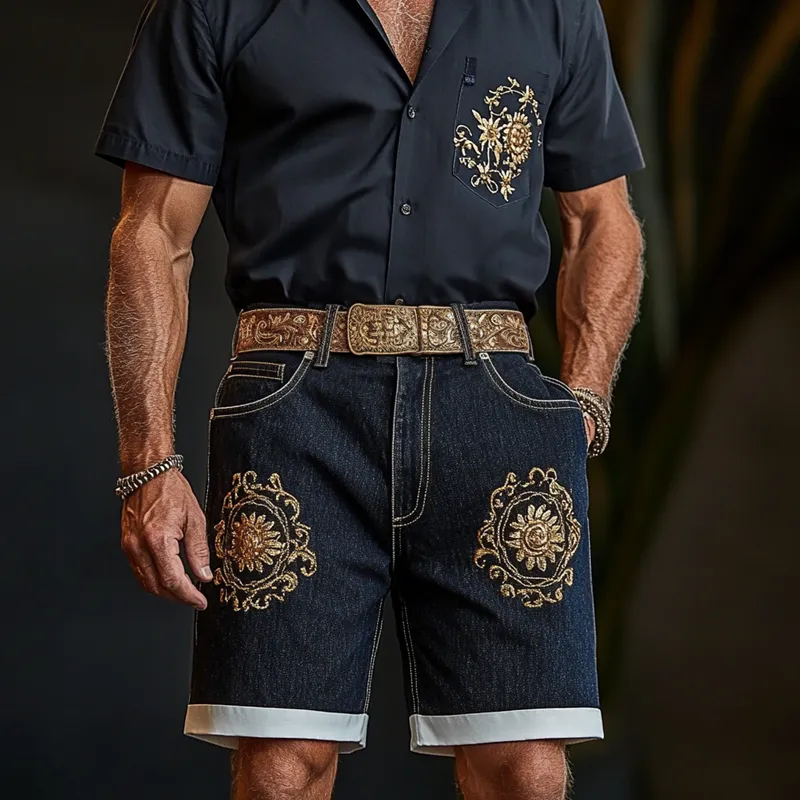 Men'S Fashion Retro Embroidered Straight Denim Shorts MTA0998E2Z sold by Manly product image thumbnail 3