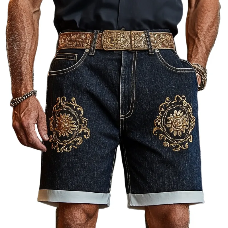 Men'S Fashion Retro Embroidered Straight Denim Shorts MTA0998E2Z sold by Manly