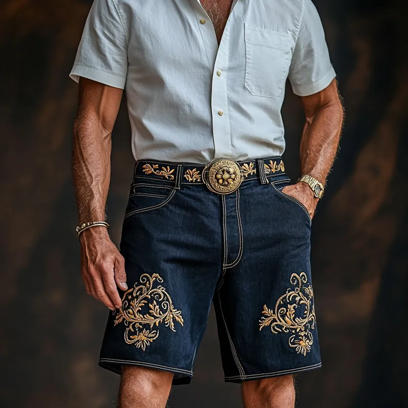 Men'S Fashion Retro Embroidered Straight Denim Shorts MTA0948E0Z sold by Manly product image thumbnail 3