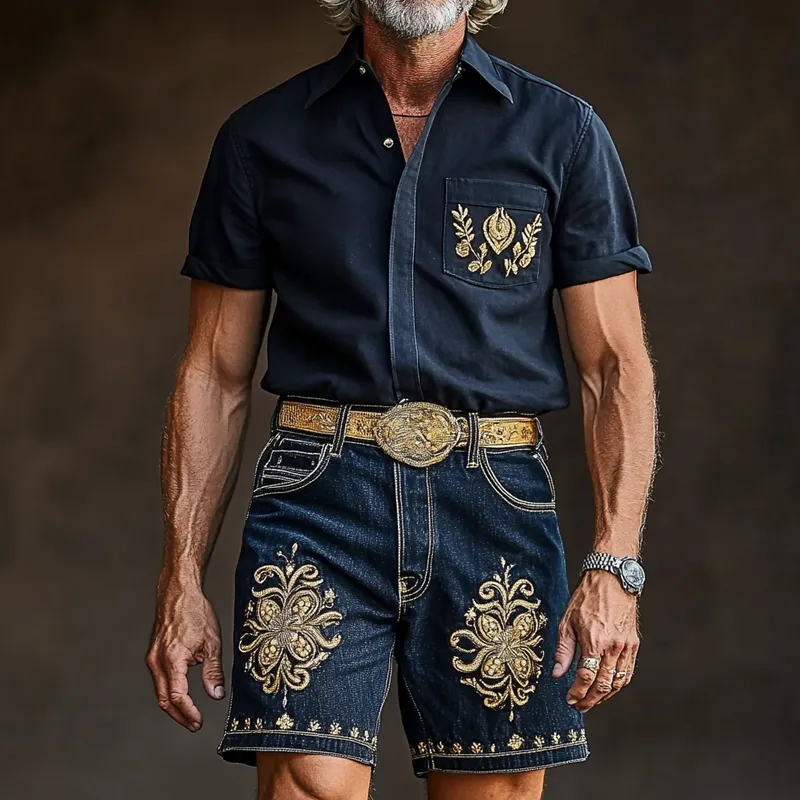 Men'S Fashion Retro Embroidered Straight Denim Shorts MTA0943E2Z sold by Manly product image thumbnail 3