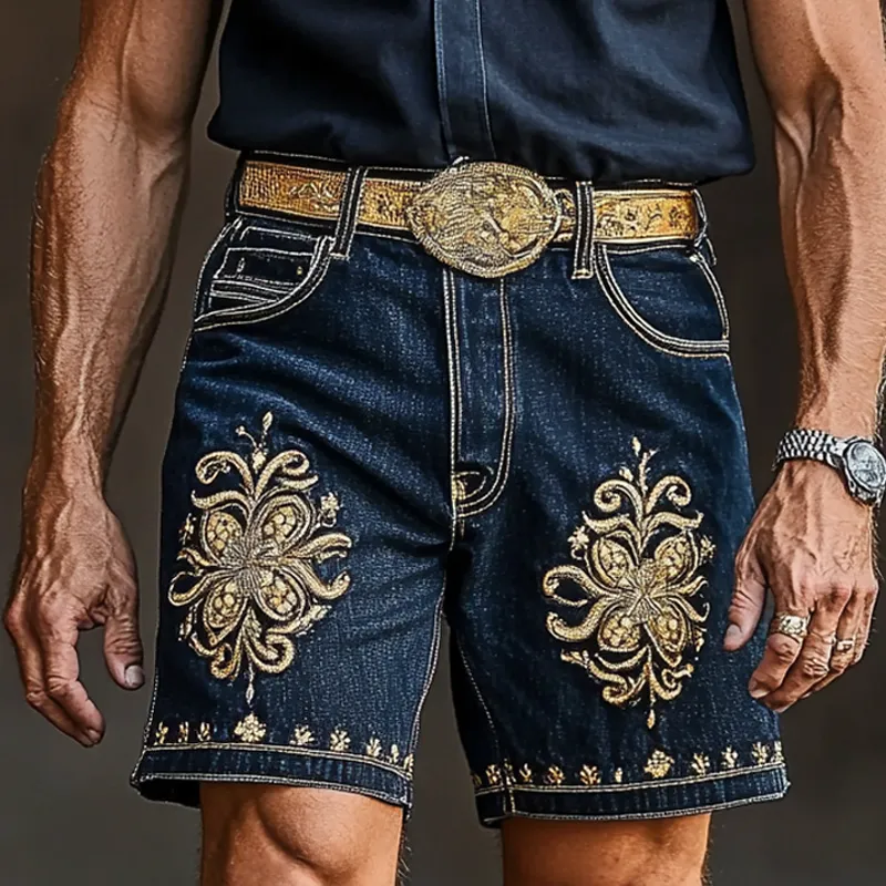 Men'S Fashion Retro Embroidered Straight Denim Shorts MTA0943E2Z sold by Manly product image thumbnail 2