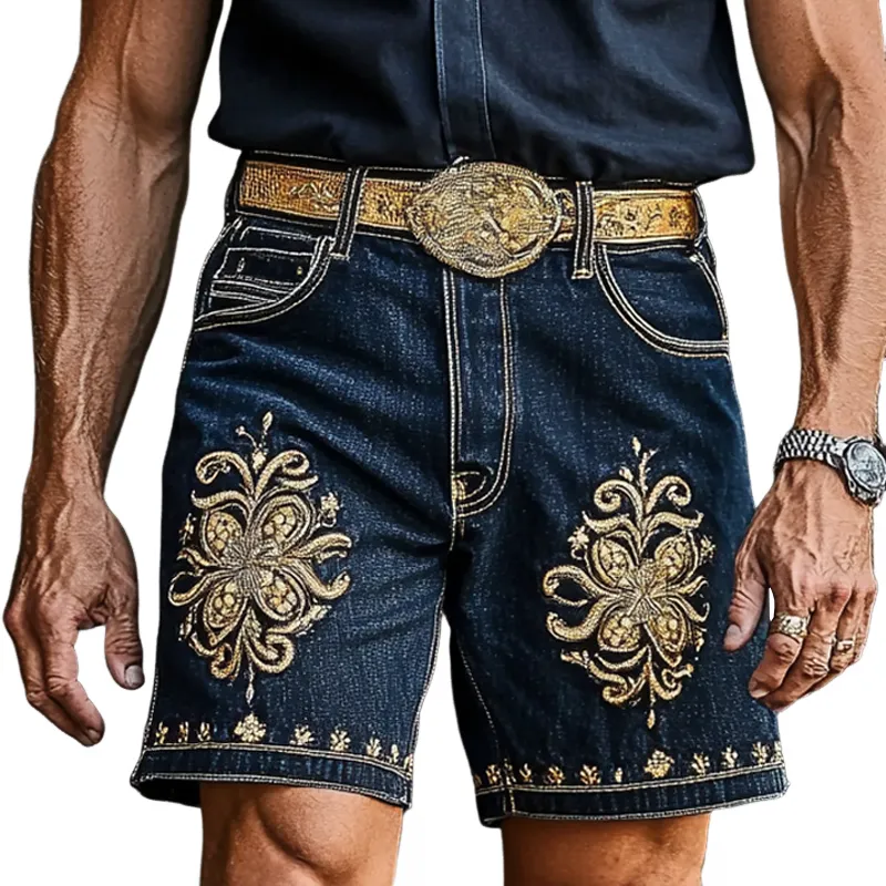 Men'S Fashion Retro Embroidered Straight Denim Shorts MTA0943E2Z sold by Manly
