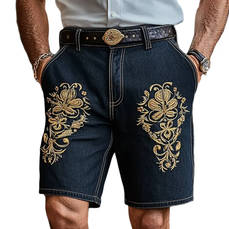 Men'S Fashion Retro Embroidered Straight Denim Shorts MTA0940E1Z sold by Manly