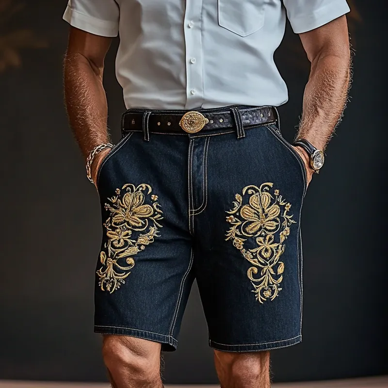 Men'S Fashion Retro Embroidered Straight Denim Shorts MTA0940E1Z sold by Manly product image thumbnail 3