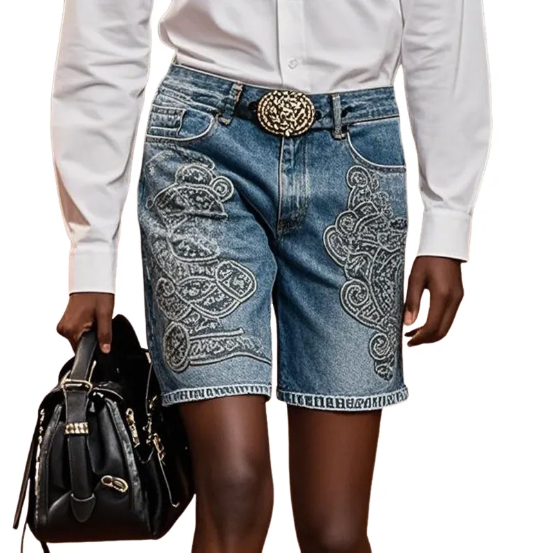 Men'S Fashion Retro Embroidered Straight Denim Shorts MTA0943E1Z sold by Manly