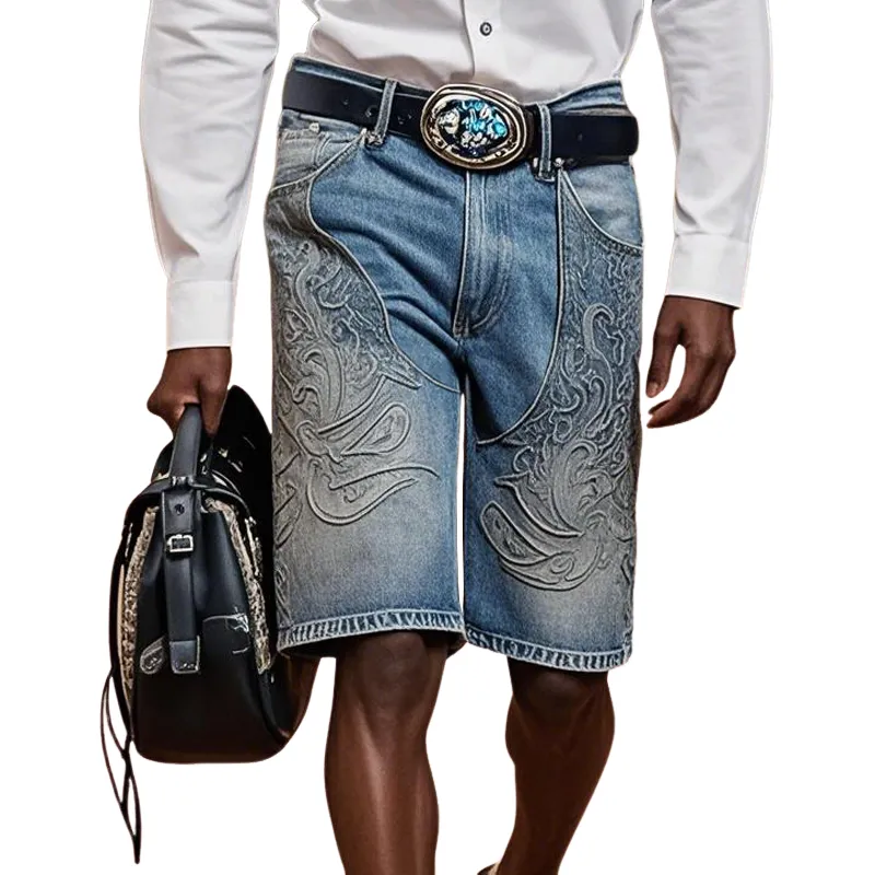 Men'S Fashion Retro Embroidered Straight Denim Shorts MTA0937E8Z sold by Manly